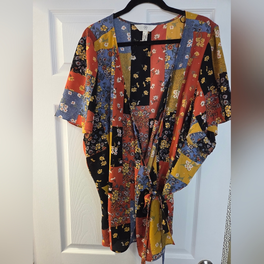 Addition Elle Multi-Color Floral Patchwork Wrap Top